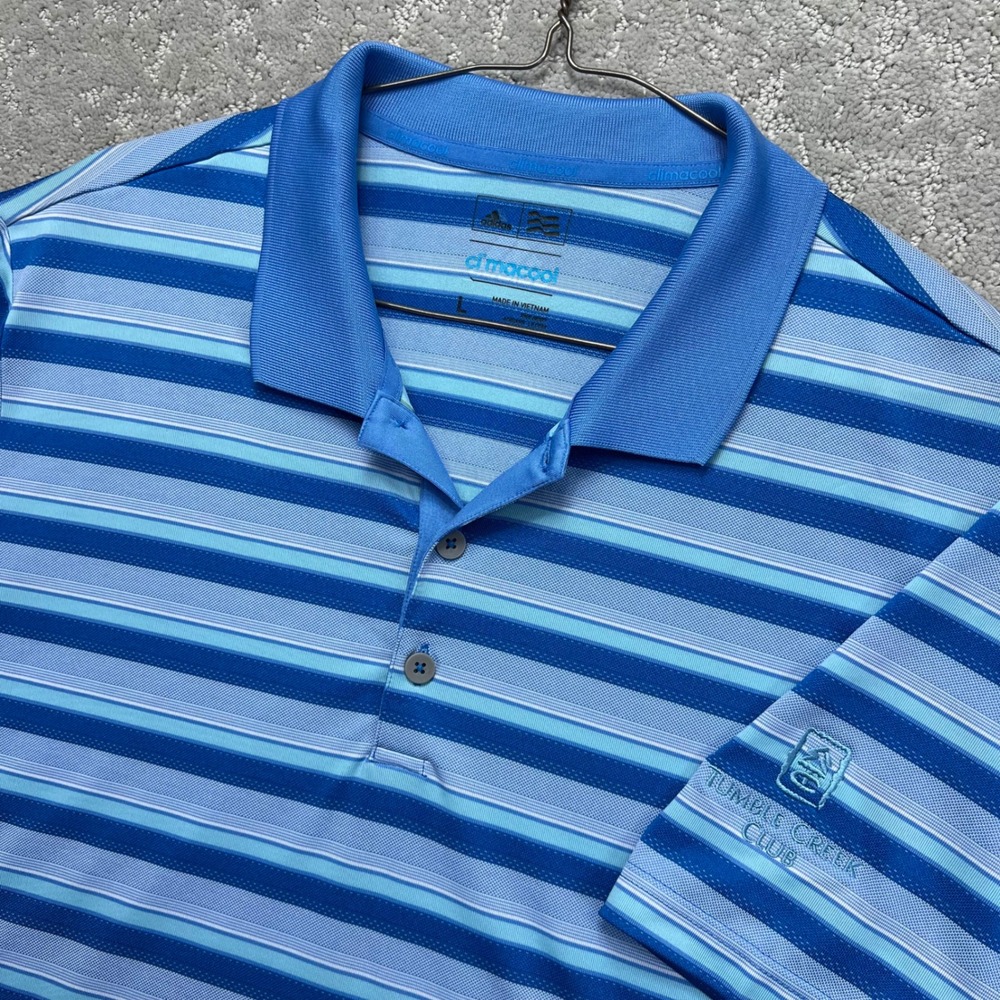 Adidas ClimaCool Golf Polo Shirt โ Mens Large Blue Striped Tumble Creek Club